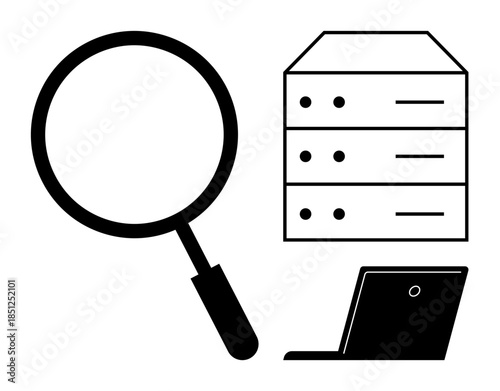 Data management, analytics, technology, digital search, information security, IT systems. Magnifying glass, laptop server icons. Data analytics and technology concepts clearly
