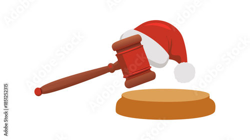 A festive gavel with a Santa hat sits atop a wooden sounding block, symbolizing holiday legal proceedings and justice during the festive season