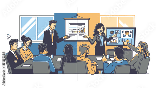 Presenting contrasting attitudes towards business meetings and data analysis