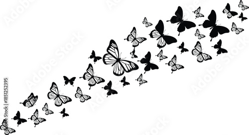 Butterfly silhouette vector, flying insects, black white illustration, wing pattern, nature concept, diagonal motion, decorative art