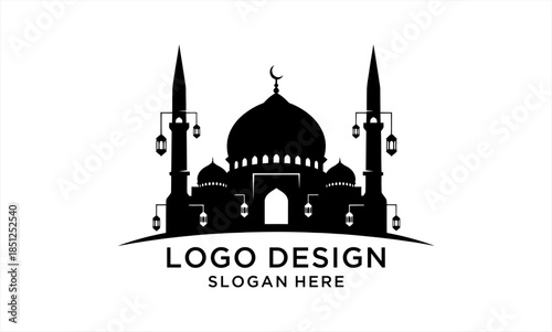 Elegant Black Silhouette of a Mosque with Minarets and Lanterns.