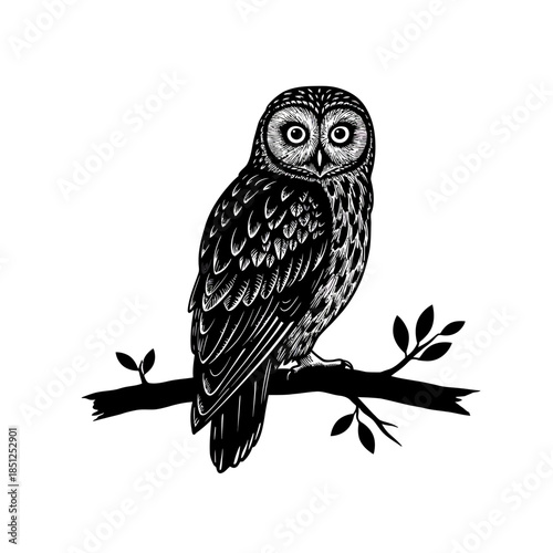 Detailed illustration of an owl perched on a branch (2)