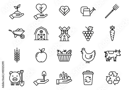 A collection of simple black line icons representing farming and agriculture, including plants, animals, and farming tools.