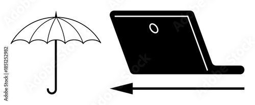 Protection concept. Protection is by the umbrella and linked to data and technology, ed by the laptop and arrow. Protection highlights data security and safety. include cybersecurity, insurance, data