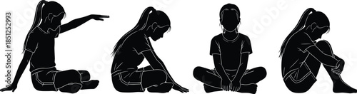 Child sitting silhouette, emotional posture variation, ponytail girl pose, black white vector, contemplative gesture, lifestyle illustration art