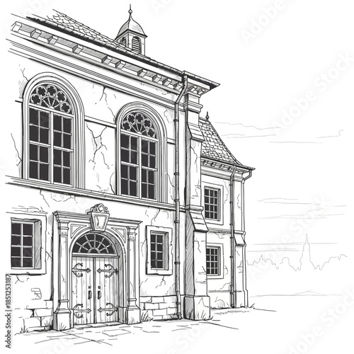 Detailed sketch of an old, cracked building facade