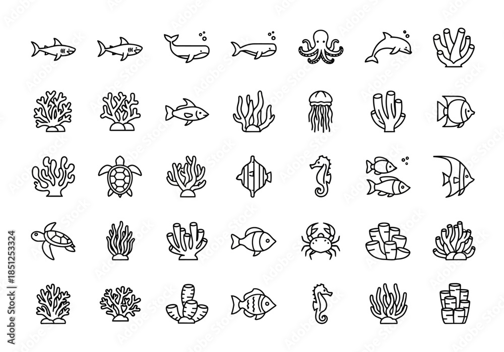 Fototapeta premium Collection of simple line icons representing various marine life and underwater elements on a white background