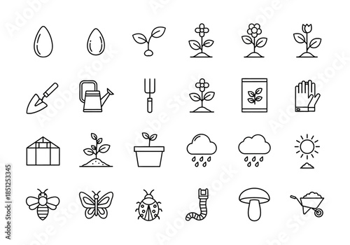 Collection of simple line icons representing gardening tools and plants in various stages of growth