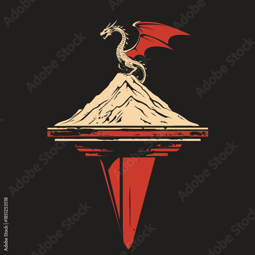 Dragon atop mountain with red wings and bold design