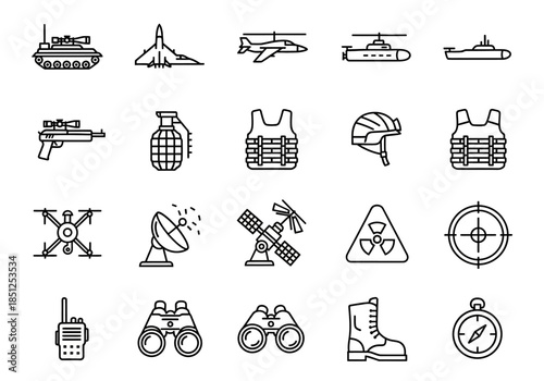 Collection of military icons and symbols displayed in a grid format on a white background