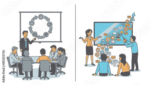 Business meeting vector illustration two different presentations comparison contrast