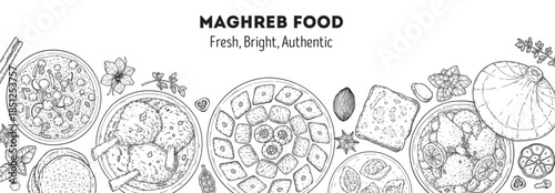 Maghrebi cuisine top view vector illustration. Food menu design template. Hand drawn sketch. Maghreb food menu. Vintage style. Vector drawing illustration.