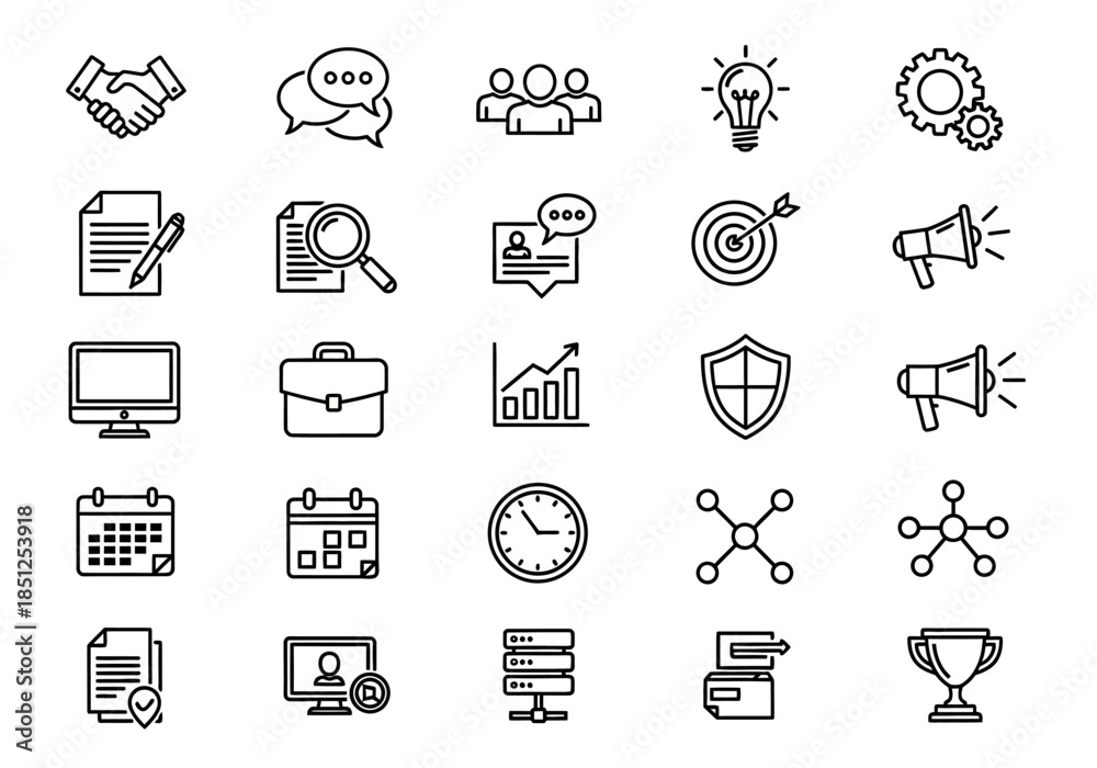 Fototapeta premium Collection of business icons in a grid layout on a white background