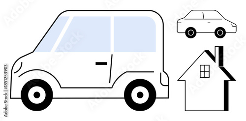 Transportation, housing, urban planning, vehicle ownership, minimalist design, spatial analysis. Large car alongside a house and small car icons. Transportation and housing concept