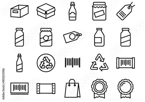 Collection of Simple Line Icons Representing Packaging and Labels