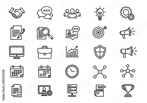 Collection of business icons in a grid layout on a white background