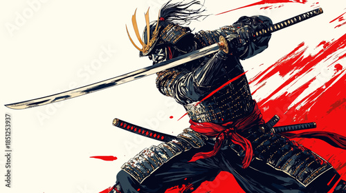 Dynamic Samurai Warrior in Action with Bold Background