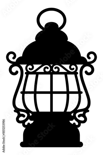 Silhouette of a classic decorative hanging lantern featuring intricate scrollwork and a metal bail handle