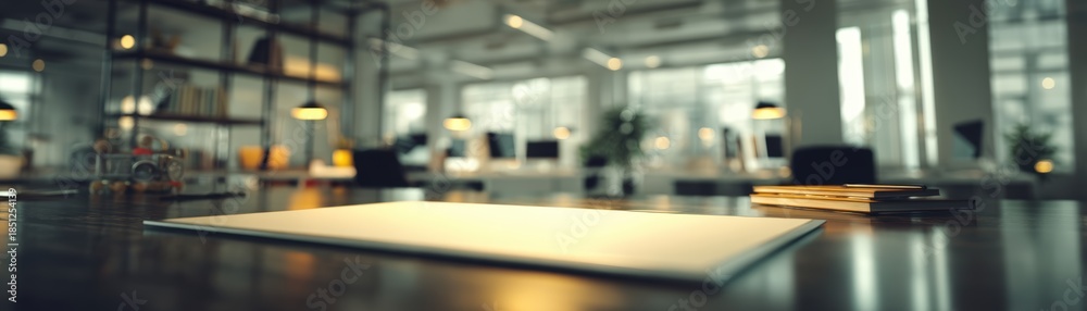 Fototapeta premium A modern office space featuring a wooden desk, illuminated by warm light, with a view of plants and a minimalist aesthetic, HR Year-End Review with space for text