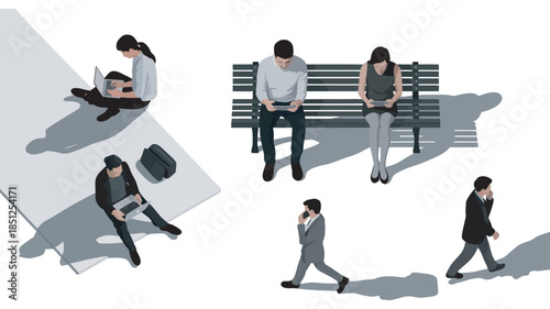 Top view of people working outdoors, digital nomads using laptops and tablets, site plan vector assets illustrating remote work, productivity, collaboration, and modern outdoor office lifestyle