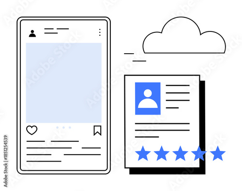 Digital profile with user rating stars, cloud storage icon, and interface elements. Ideal for social media analysis, online reputation, digital identity, data storage, UX design, recruiting customer