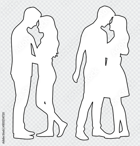 Set of romantic couple silhouettes featuring heterosexual and gay male partners standing together, vector illustration isolated on white background, love concept