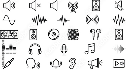Audio sound line icons set with speakers headphones microphone music waveform volume control multimedia outline symbols, design, elements, interface, ui