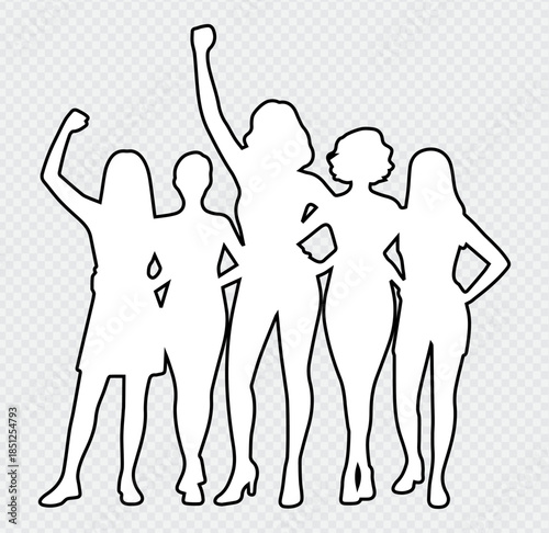 Empowered women standing together with one raising her fist in a powerful gesture of unity and strength on white background