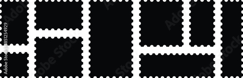 Blank postage stamp set. Clean postage stamp template. Postage icon. Vintage empty postcard stamp frame for mail delivery sticker template, philately element.