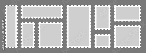 Set of postage stamps. Post stamp frame and border. Grey square and rectangular template for mail, postcard, letter. Jagged wavy edge forms. Vintage objects for poster, banner, badge, sticker.