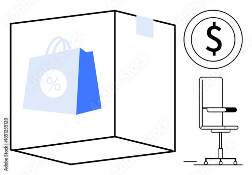 Online shopping, retail business, discount offers, sales promotions, workplace ergonomics, commerce iconography. A shopping bag with a percentage, dollar sign and office chair. E-commerce and retail