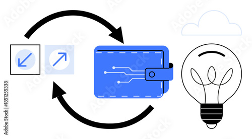 Digital payments, fintech, innovation, technology, cloud storage, modern economy. A wallet, lightbulb arrows and cloud icon in a conceptual design. Digital payments and fintech concept