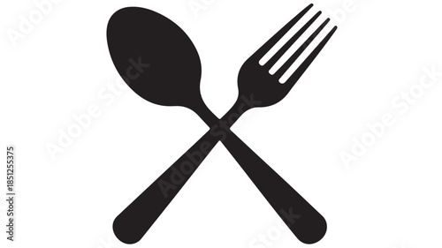 Crossed spoon and fork silhouette in minimalist style with dark color on white background for restaurant logo
