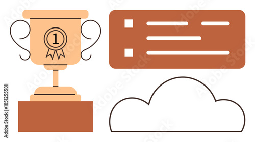 Golden trophy with 1 emblem symbolizes success, paired with task checklist and cloud icon. Ideal for achievement, productivity, goals, planning, creativity, cloud storage motivation. Simple flat