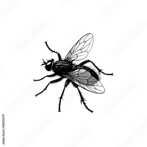 A clean black silhouette of a fly with detailed wings and legs