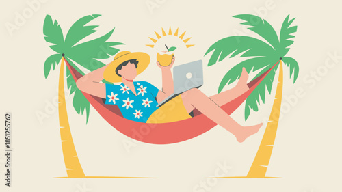 Man relaxing in hammock with laptop and coconut drink, wearing hawaiian shirt, representing remote work in tropical location, digital nomad lifestyle, colorful flat vector illustration, productivity, 