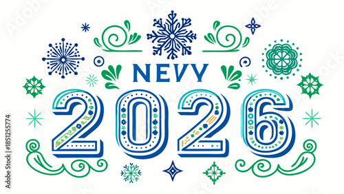 A decorative graphic with snowflakes surrounds the text "NEVY 2026." The numbers are stylized with blue and white patterns, accented by green swirls.

