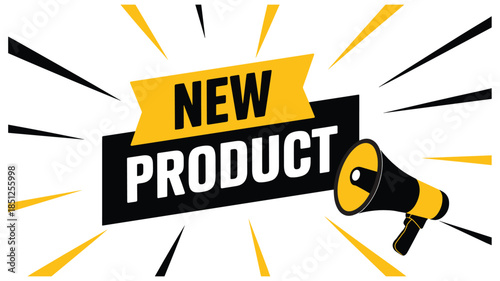 Yellow and black banner with the words NEWPRODUCT announced by a megaphone and radiating lines
