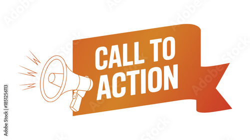 Call to Action Megaphone and Ribbon Graphic with Gradient Orange Keywords: Call to action, megaphone, loudspeaker, announcement, message, communication, promotion, marketing, advertising, urgency