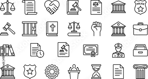 Law justice line icons set with legal documents court gavel police government rights scales authority outline symbols compliance judiciary regulation