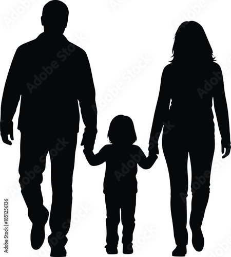 Family walking silhouette, parent child unity, hand holding gesture, black white vector, protection concept, togetherness illustration art