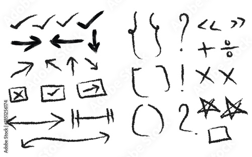 Hand drawn arrows and mathematical symbols on white background