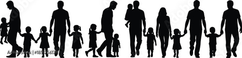 Family walking silhouette, adults children holding hands, parenting concept, black white vector, togetherness pose, lifestyle illustration art