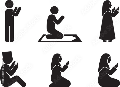 Minimalist Islamic Prayer Pictogram and Icon Set featuring Muslim Men and Women Silhouettes in Dua and Salah Poses for Ramadan Kareem, Mosque Signage, and Infographic Design.