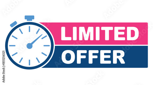 Limited Offer Graphic with Stopwatch and Pink and Blue Banner Keywords: Limited offer, sale, discount, promotion, special offer, deal, bargain, time limit, countdown, urgency, stopwatch, timer