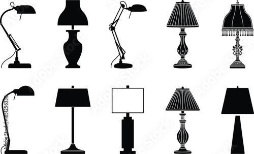 Black table lamp silhouettes collection, classic and modern desk lighting icons isolated on white background vector illustration
