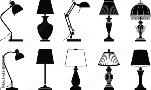 Black Silhouette Vector Set of Decorative Table Lamps and Adjustable Desk Lights Isolated on White Background for Interior Design Elements