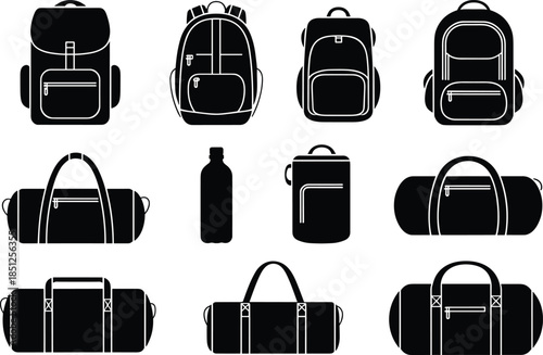 Black travel bag and backpack icon set with duffel bags, luggage, and water bottle silhouettes, minimalist vector illustration collection
