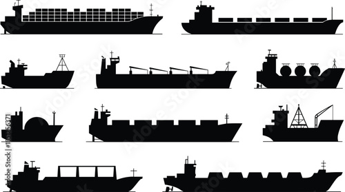 Cargo ship silhouettes maritime transport, container vessel types, global shipping logistics, ocean freight design, black ship icons, nautical engineering illustration