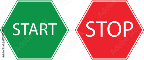 green start and red stop octagon traffic sign buttons for control action and command interface design isolated background.